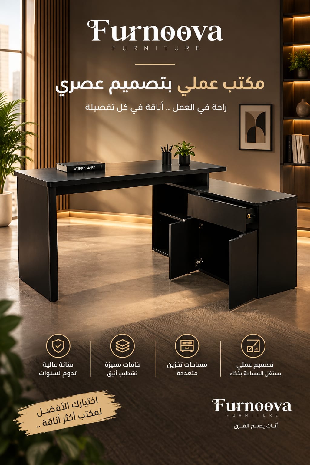 مكتب بشكل L مع تخزين متكامل — حل عملي للمكاتب المنزلية والزوايا
