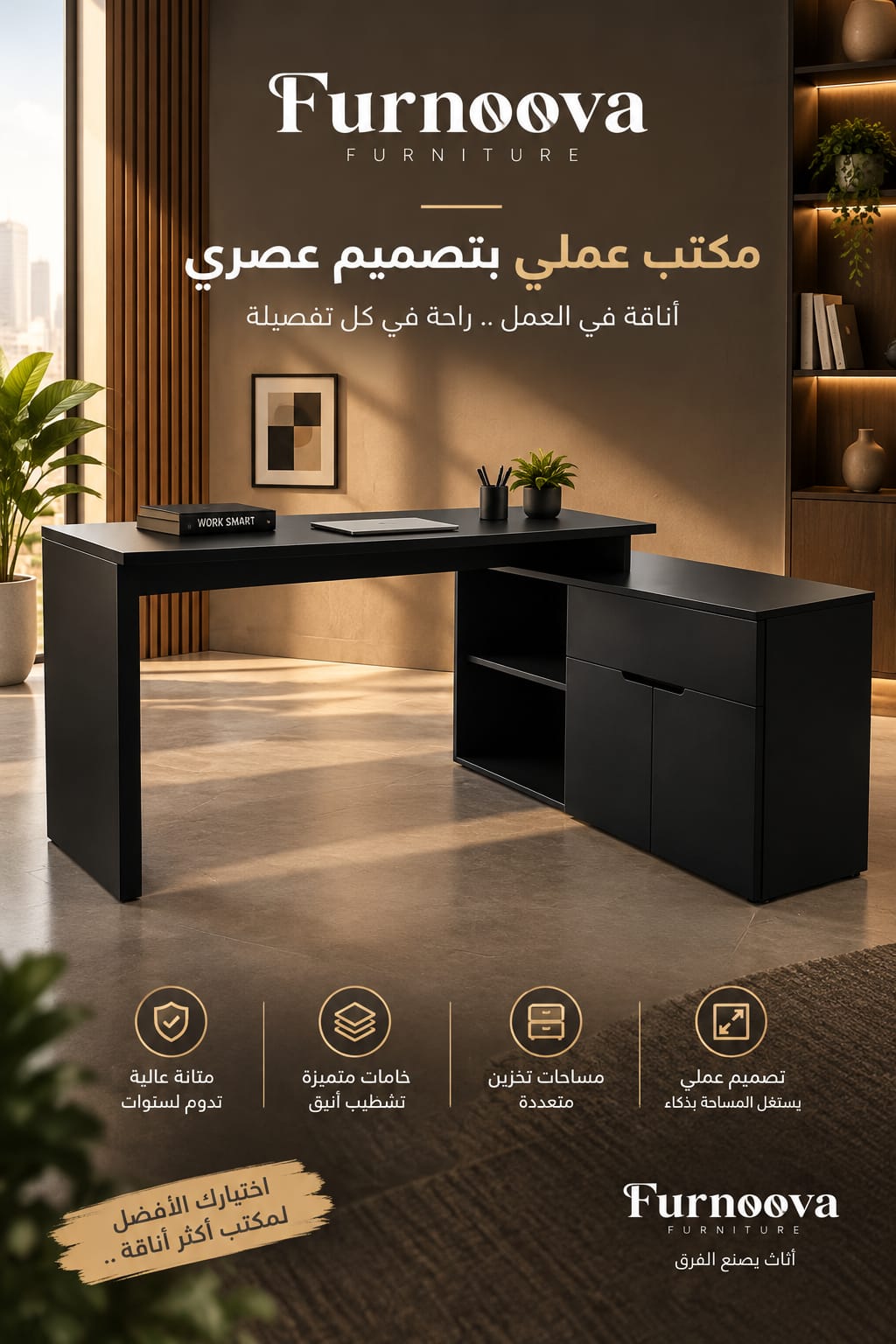 مكتب بشكل L مع تخزين متكامل — حل عملي للمكاتب المنزلية والزوايا
